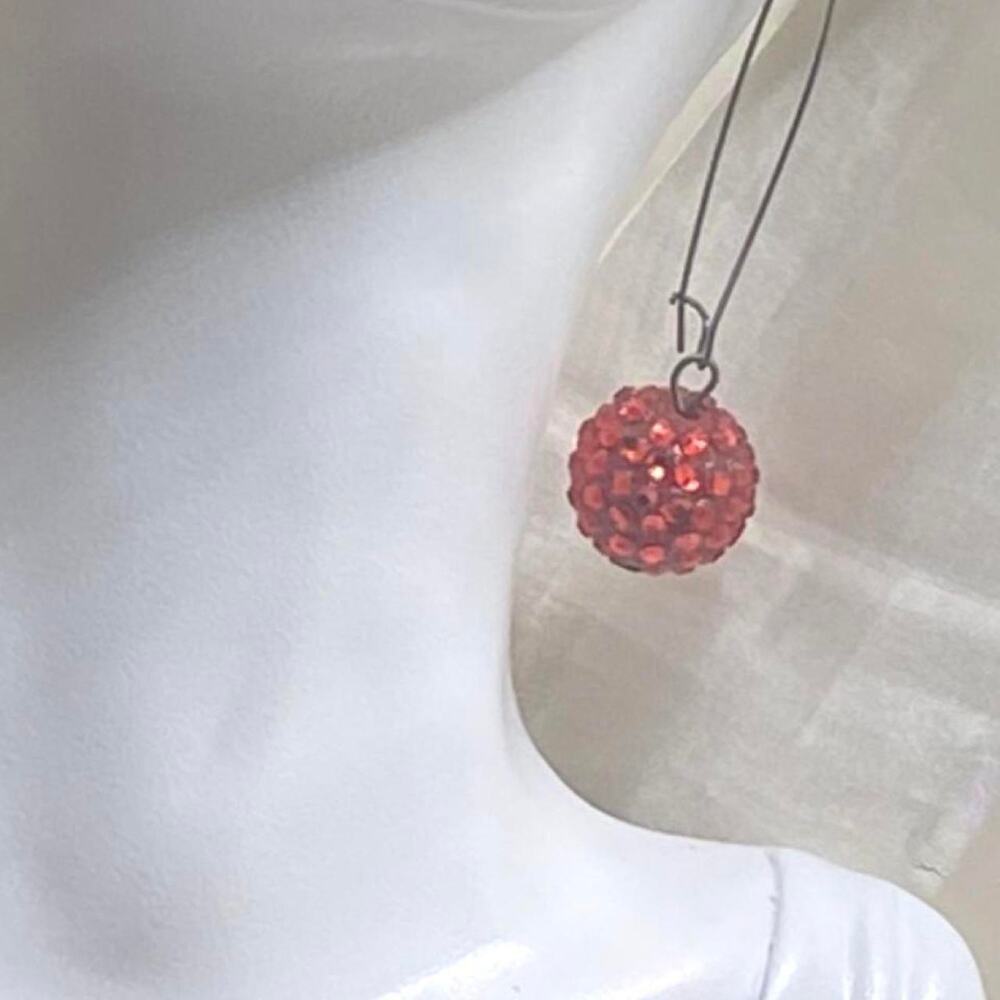 Vintage Red Rhinestone Disco Ball Dangle Earrings Long Kidney Wire Sparkly